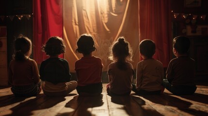 A group of children sit on the floor in a dark room, watching a play - obrazy, fototapety, plakaty