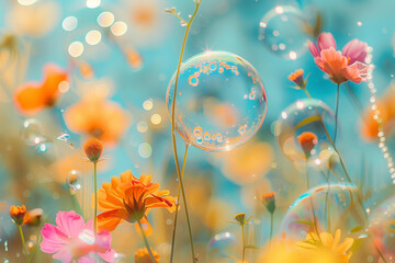 beautiful translucent soap bubbles floating in the air on the background of summer flowers field