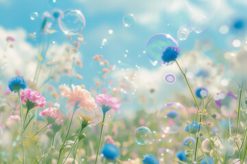 beautiful translucent soap bubbles floating in the air on the background of summer flowers field