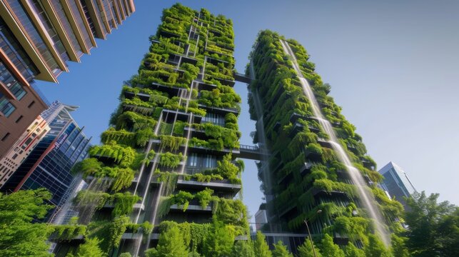 Modern skyscrapers adorned with lush greenery depict eco-architecture trends in an urban setting, showcasing a harmony of nature and city life.