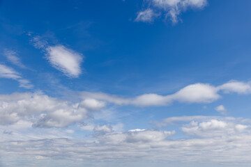 Obraz premium A vast expanse of sky, painted in shades of light blue, showcases a collection of soft, puffy clouds drifting towards the horizon, offering a tranquil backdrop for creative projects