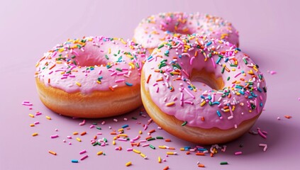 Glazed doughnuts with colorful sprinkles on a pink background, delicious and vibrant, embodying a sweet indulgence