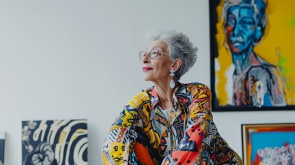 An elder artist, her silver hair as refined as her eclectic style, looks on with wisdom amidst...