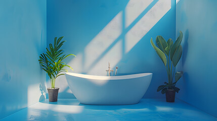 An interior design featuring a bathroom with an azure bathtub, two houseplants in flowerpots, and...