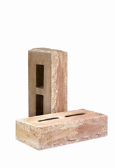 Construction Concepts. Pair of New Red Brown Bricks With Rectangular Wholes for Build Construction Isolated on White.