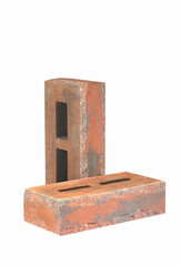Construction Materials. Pair of Aged Dark Red Bricks With Rectangular Wholes for Construction Isolated on White.