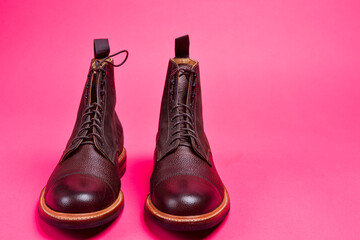 View of Dark Brown Grain Brogue Derby Boots Made of Calf Leather with Rubber Sole Placed Together - 770485316