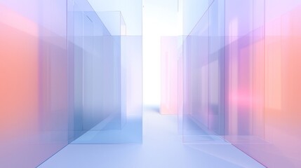 The corridors of reflective glass immerse in a holographic pastel spectrum, conjuring a serene and expansive visual space.