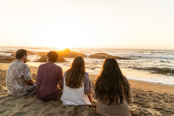 Group of friends sitting on a beach, gazing at the sea