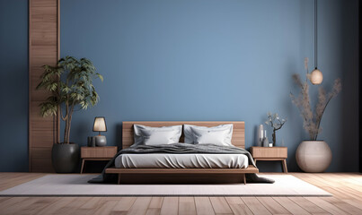Modern bedroom interior with blue wall, wooden floor and wooden bed. 3d rendering