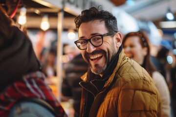 smiling men and women in their thirties at the booth of an outdoor brand, talking to each other about technical details of hiking.  Generative AI. - obrazy, fototapety, plakaty