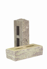Pair of Aged Green and White Bricks With Rectangular Wholes for Construction Isolated - 770485759