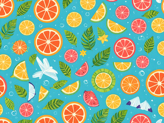 Seamless pattern with citrus fruits and leaves. Vector illustration.