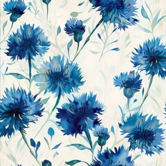 A watercolor pattern of deep blue cornflowers mixed with marlin and capri shades, accented by chambray leaves for a captivating textile design.