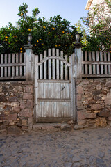 Old wooden gate in a stone wall of an old house with orange tree. © Caneritir