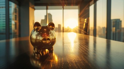 Gold piggy bank on table, large windows, cityscape, clean office design. Piggy bank glows on table, office with city view, sunlight.