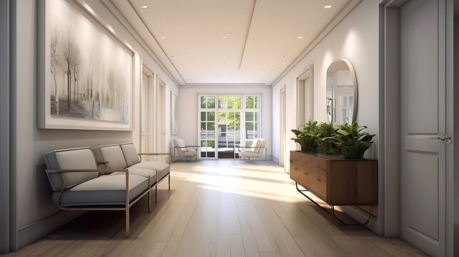an image using AI that captures the essence of a chic, minimalist foyer with Design Within Reach furniture, where clean lines and simple elegance prevail, complemented by soft, recessed lighting