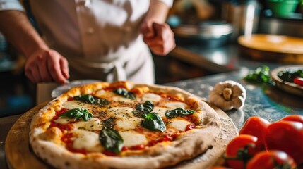 An artisan chef in a commercial kitchen presents a handcrafted Margherita pizza adorned with fresh basil leaves. - obrazy, fototapety, plakaty
