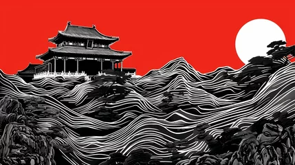 Tuinposter Black and white red lines landscape painting poster abstract background © jinzhen