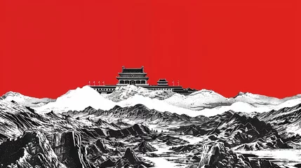 Plexiglas foto achterwand Black and white red lines landscape painting poster abstract background © jinzhen