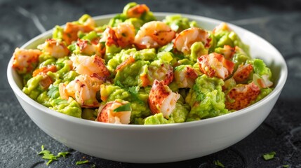 Guacamole topped with succulent lobster chunks, a luxurious treat. - obrazy, fototapety, plakaty