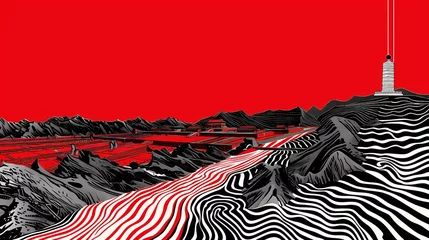 Foto op Canvas Black and white red lines landscape painting poster abstract background © jinzhen