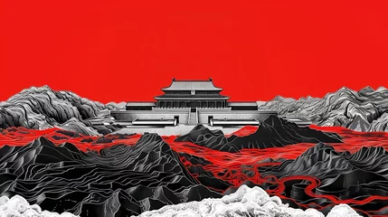 Küchenrückwand glas motiv Black and white red lines landscape painting poster abstract background © jinzhen
