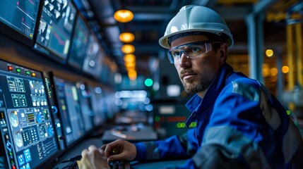 Expert Engineer Operating Control Systems in Plant. Concentrated engineer in safety equipment operates complex control systems within an industrial plant environment.