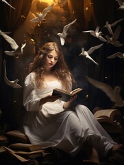 A woman with long hair is sitting and reading a book. Magic books that look like birds fly around - 770486377