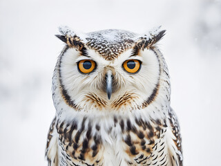 Portrait of a beautiful owl on a background of snow in winter