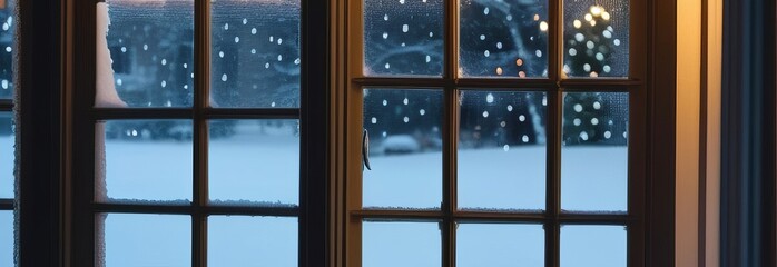 A window with a Christmas tree and snow outside