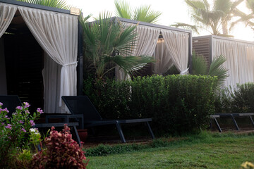 Summer beach gazebos with palm-fringed shores, ideal for resort hotels, tours, cottages, and...