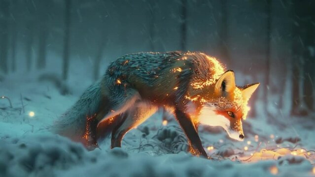 A fox is walking through the snow with its tail on fire 4K motion