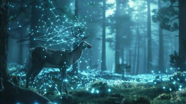 A deer is standing in a forest with a glowing, starry sky above it 4K motion