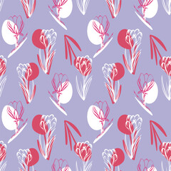 Seamless pattern with spring and summer colors. Sketch-style magnolia and crocus pattern, hand-drawn on blue background for unique packaging designs and flower shops in vintage style