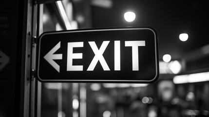 black and white photo of rectangular exit sign board with blurred lights in background