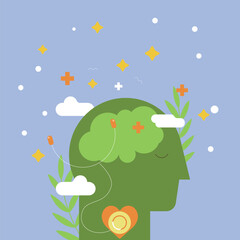 A tranquil scene featuring a person seated with eyes closed, surrounded by a lush garden sprouting from their head, illustrating the concept of inner growth and reflection.
