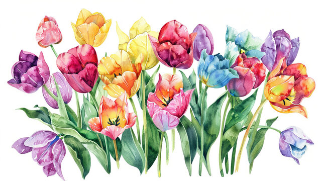 Watercolor illustration of colorful tulips, in various shades of red and yellow, pink, purple, blue, green and orange on a white background