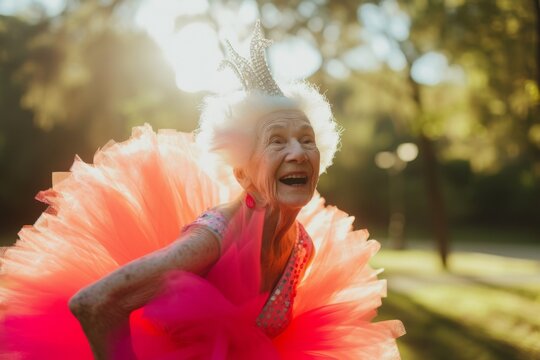 Captured in a burst of laughter, a senior ballerina's whimsical pose under the golden light encapsulates the delight of uninhibited expression.