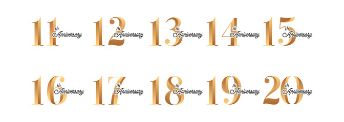 set of anniversary logos from 11 year to 20 years with gold numbers on a white background for celebratory moments