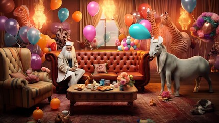an imaginative image of a birthday celebration with AI, paying special attention to a photo zone adorned with a plush couch and stylish wicker armchairs