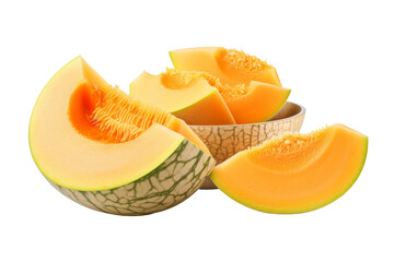 Halved Melon in Bowl. On a White or Clear Surface PNG Transparent Background. - obrazy, fototapety, plakaty