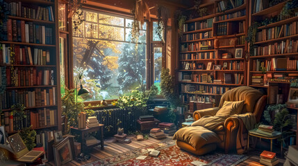 Naklejka premium Cozy home library with warm lighting