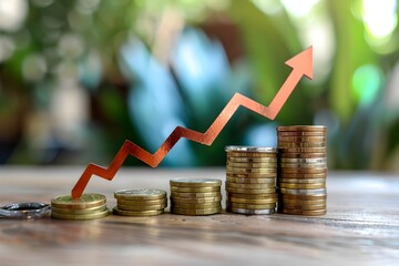 Upward Financial Growth Trend Represented by Stacked Coins and Rising Arrow Graph