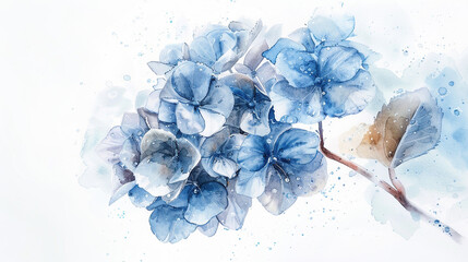 Watercolor painting of blue hydrangea isolated on white background