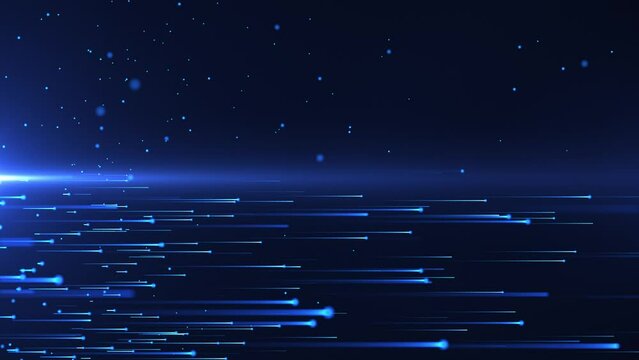 Abstract digital background with a stream of blue lines of particles and flying dust on a dark background. Data flow movement, visualization of network connection. Cinematic background. Seamless loop.