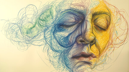 female face dreaming sleeping made with chaotic mix of colorful scribbles lines on simple pastel background