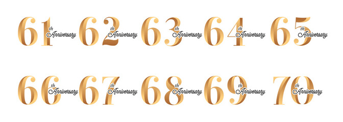 set of anniversary logos from 61 year to 70 years with gold numbers on a white background for celebratory moments,celebration event.