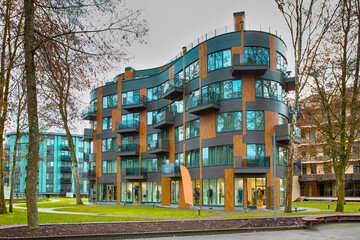 One Separate Modern Hotel of Curve Shape with Balconies on Pedestrian Street of Druskininkai