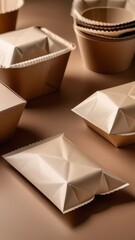 A row of cardboard boxes with a brown color. The boxes are stacked on top of each other. Ecology...